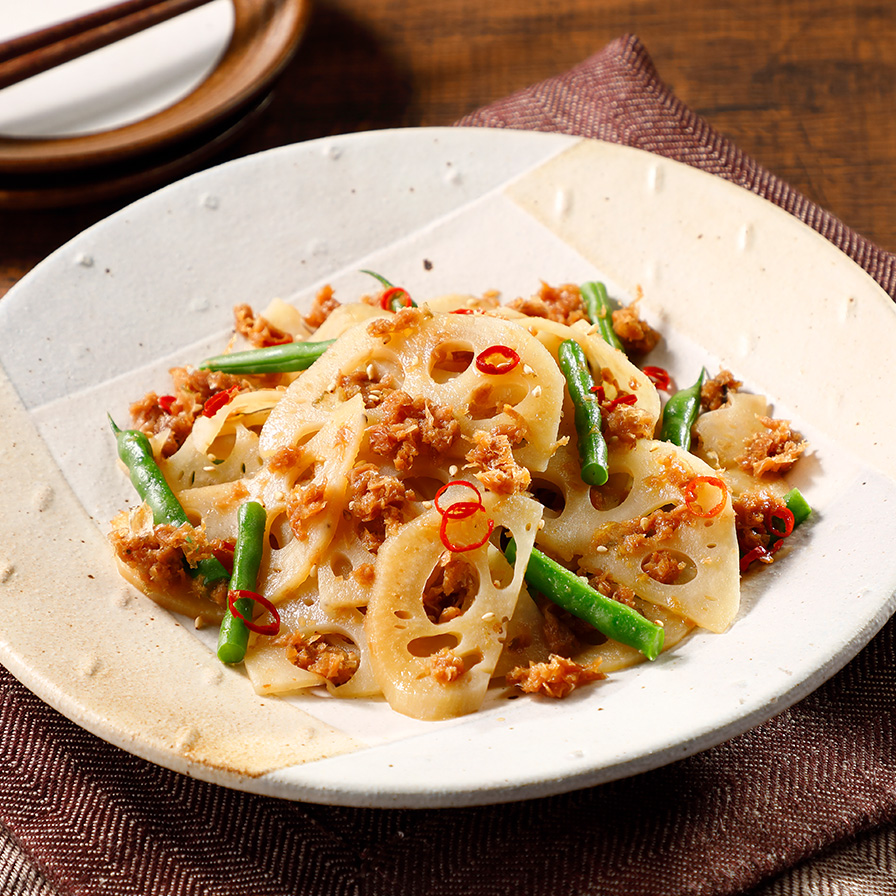 だしがらとれんこん、いんげんのきんぴら